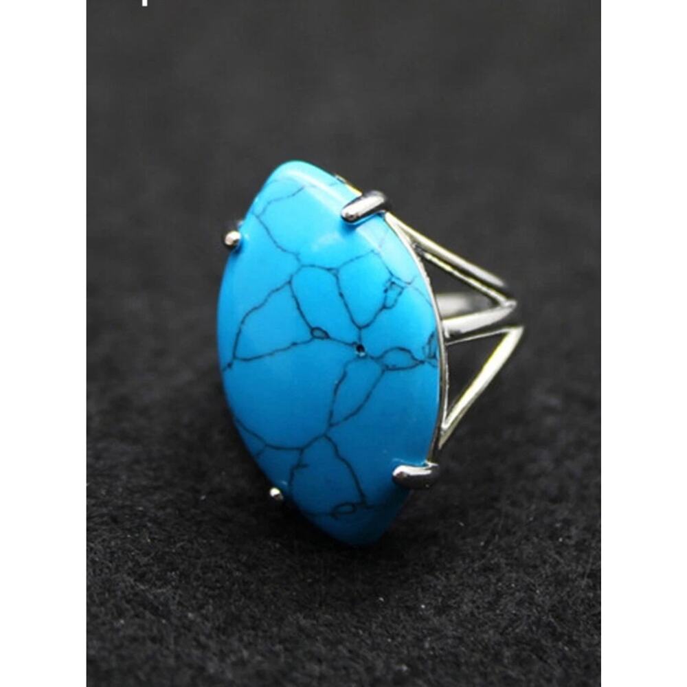 Turquoise Statement Ring Adjustable Boho Silver Tarnish Free - Picture 3 of 3